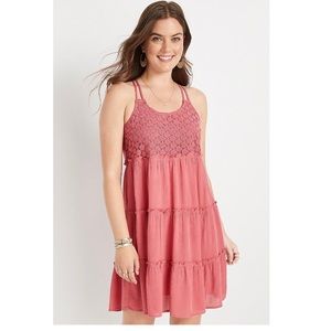 NWT Maurices Gauze Racerback Crochet Floral Lace Tiered Swing Dress Boho Pink XL